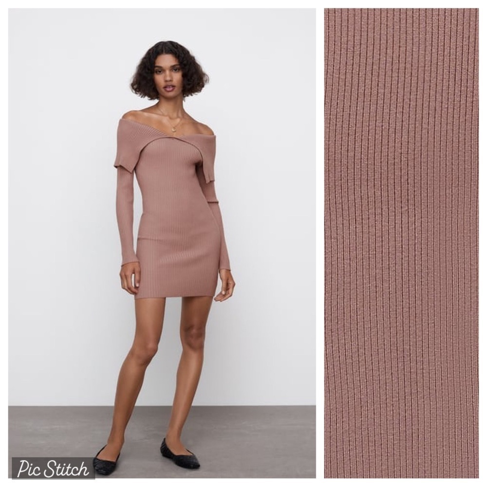 NWT. Zara Dusty Pink Ribbed Knit Mini Dress. Size S.